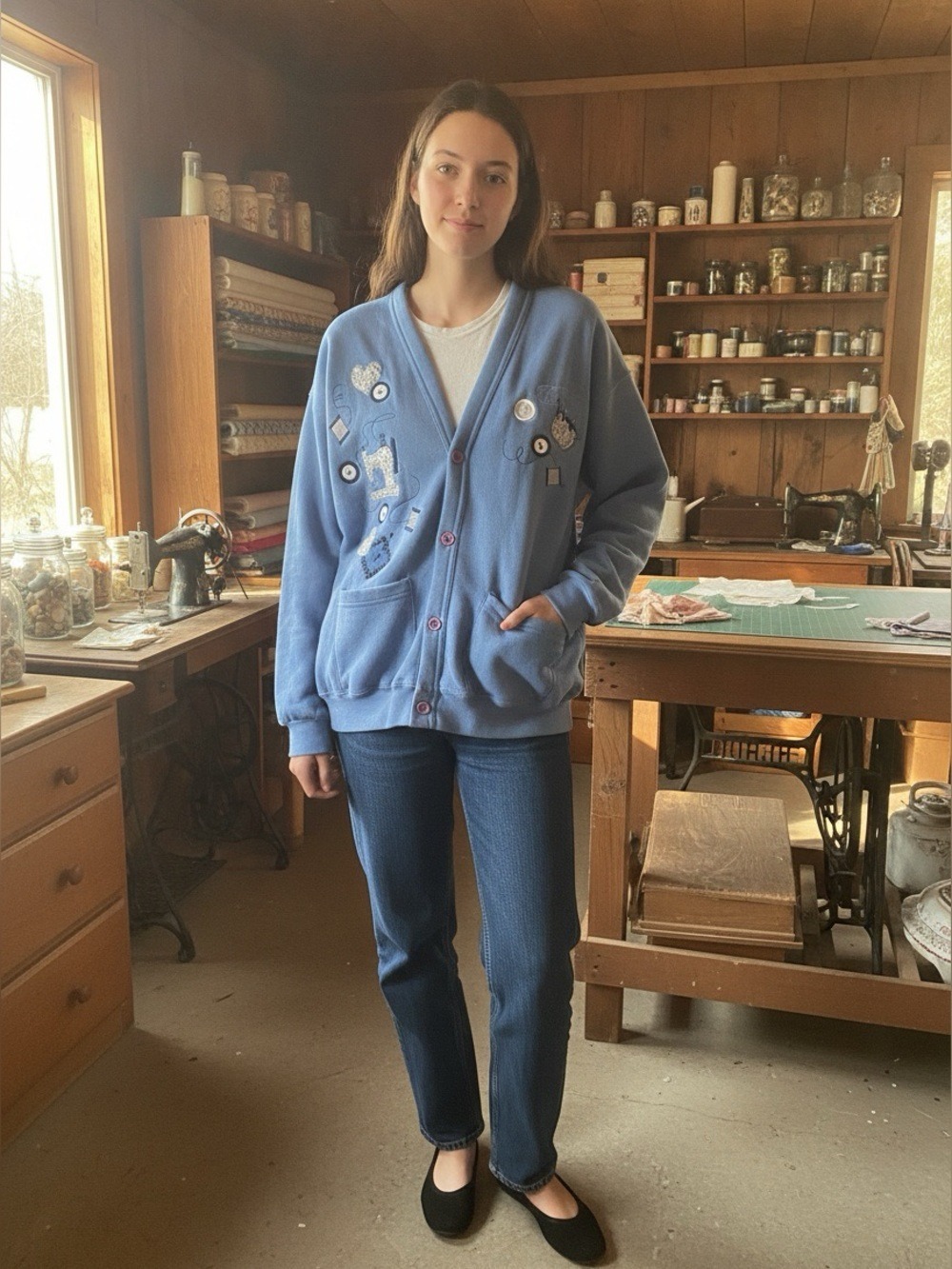 Vintage Blue Embroidered Cardigan B-Wear Patchwork Sewing Buttons Grandmacore XL